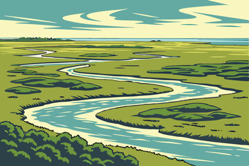 75 Aerial view, coastal wetland, meandering river, lush green marshes, scattered water pools, distant horizon, blue sky with wispy clouds, rich ecosystem, natural landscape, environmental conservation