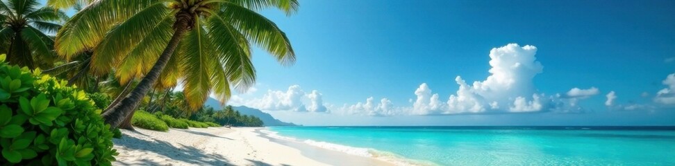 Palm trees sway gently in sea breeze on a tranquil sandy tropical beach , #coastalescape, #palmtrees