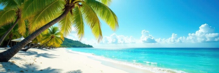 Obraz premium Palm trees sway on sandy white beach with turquoise ocean waves under sunny sky, sun , sand