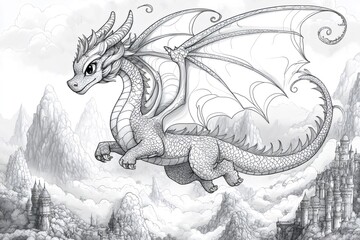 Majestic dragon soaring over misty mountains and fantasy castles, a coloring book illustration