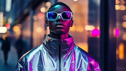 A black model guy stands under neon lights, wearing a reflective jacket and stylish sunglasses, embodying contemporary urban fashion - Powered by Adobe