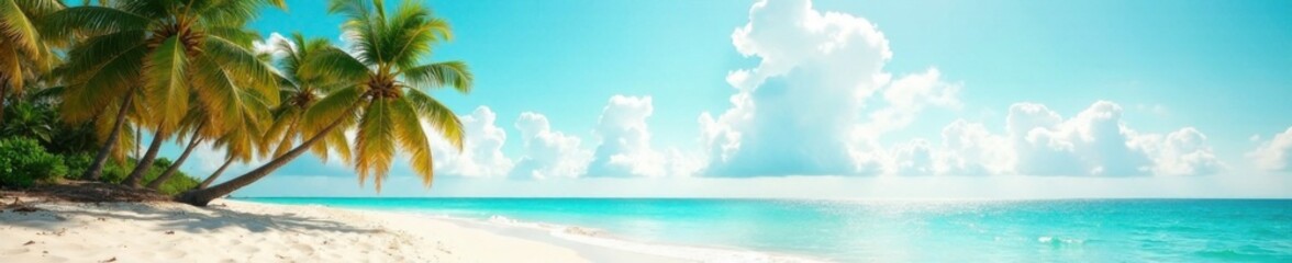 Obraz premium Palm trees swaying in gentle ocean breeze amidst vast sandy beach, film grain, sea foam, sandy beach