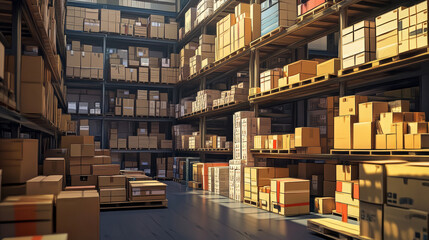 Obraz premium Warehouse storage interior with pallet and box. Full rack in store delivery stockroom. Distribution hangar building with crowded shelf of inventory in wood crate and cardboard package game panorama