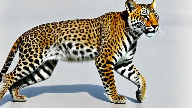Leopard walking on white surface. Leopard with motley gray background. A wall with a glare of light from an animal. A leopard moving across a white area lifestyle.