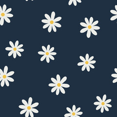 Floral Daisies Vector Seamless Pattern Navy Blue  Background