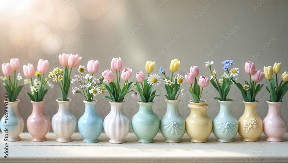 Aufkleber bright spring flowers arranged in colorful vases create a cheerful atmosphere in a softly lit settin