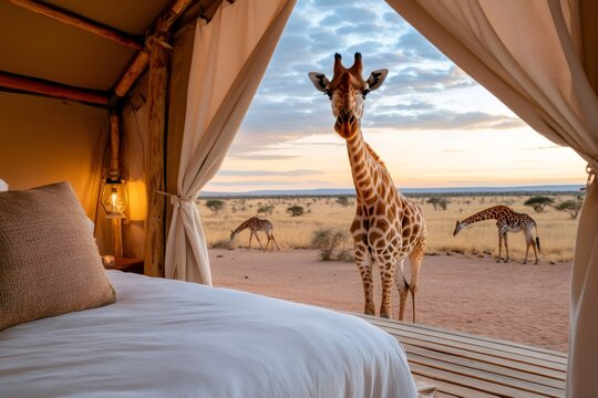 Fototapeta Giraffes visiting glamping tent at sunrise in african savannah