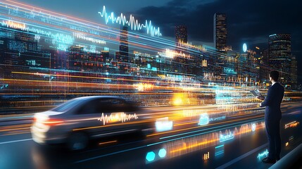 Futuristic city night driving with overlayed data. Possible use Stock photo showcasing digital technology in transportation
