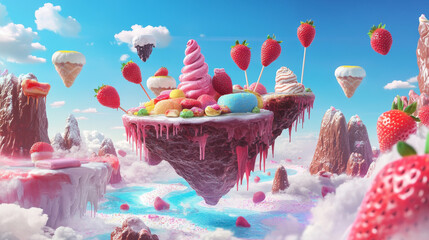 Floating candy island with chocolate for fantasy game world. Sweet cake and marshmallow mountain landscape isolated on background. Magic colorful flying cream rock with strawberry 2d environment