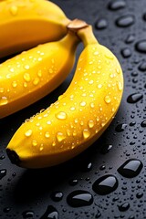 Obraz premium Fresh Yellow Bananas with Water Droplets on Dark Surface Close-up