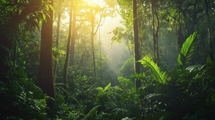 Obraz premium Sunlit Forest Canopy: A vibrant and lush forest scene, sunlight streams through the dense canopy, illuminating the vibrant green vegetation and creating a magical atmosphere.