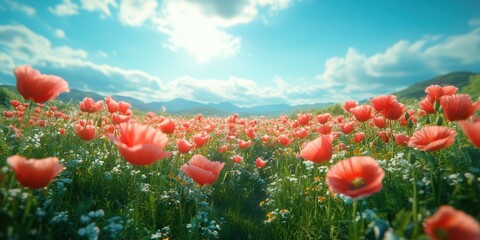 Obraz premium Vibrant poppy field under a bright blue sky with fluffy clouds in a picturesque landscape during daytime