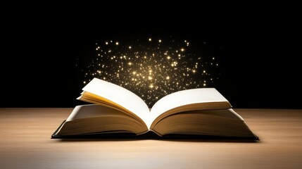 Unveiling Untold Stories: A Blank Book's Promise - An open book with blank pages, magical golden sparkles emanating from within, symbolizes potential, imagination, creativity, knowledge