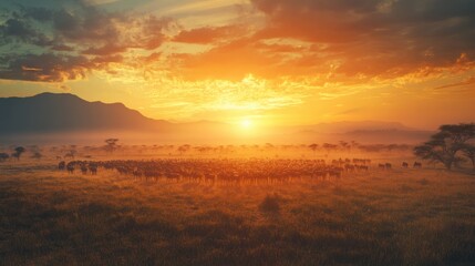 Golden Hour in the Savanna: An awe-inspiring African savanna landscape is bathed in the warm hues of a sunrise or sunset, a herd of animals silhouetted against the horizon.