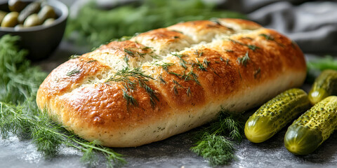 Homemade golden bread loaf with fresh dill served with pickles on rustic table