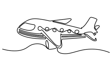 Plane in one continuous line drawing aircraft flight routes and airport destinations. One line poster. Outline airplane. For interior design and presentations. Plane  line art  Vector illustration.