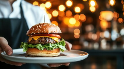 Delicious burger served on a plate with fresh ingredients and warm ambiance at a restaurant