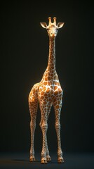 Giraffe standing tall against a dark background showcasing its unique patterns and elegant stature