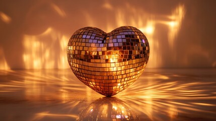 Obraz premium Close-Up Of Shiny Disco Ball in form of heart. Mirror ball on creamy background 