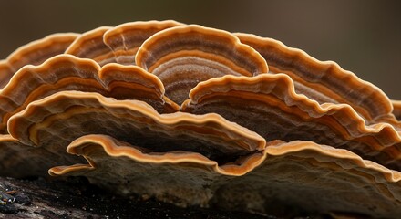 Obraz premium A fan-shaped, colorful turkey tail mushroom with layered rings of brown, orange, and white.