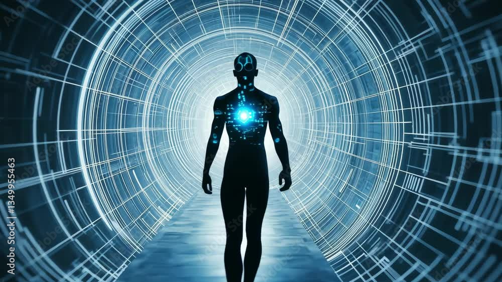 Poster a digital figure walks through an abstract futuristic tunnel filled with blue luminous patterns