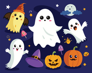 Obraz premium Cute Halloween Ghosts and Pumpkins Illustration