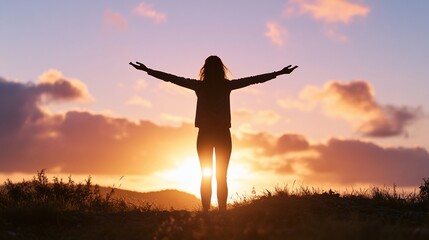 Silhouette embraces sunset, arms outstretched against vibrant, colorful sky
