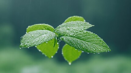 Fresh green leaves after rain. Delicate young leaves covered in glistening water droplets. Lush vibrant green foliage in a soft, natural light