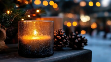 Festive candle in a frosted glass holder, surrounded by holiday decorations