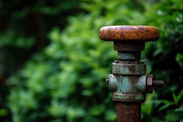 An aged and rusty water valve stands out against the green background