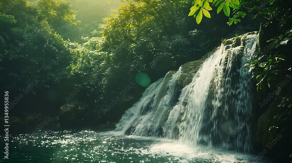 Aufkleber serene waterfall cascading down rocks into a clear pool in a lush green forest setting. sunlight fil