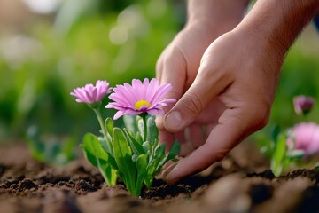Gardener planting pink daisy flowers in garden soil