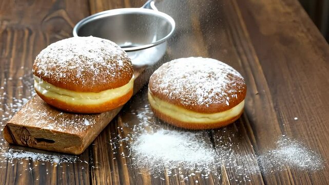 Three sugar covered doughnuts on wooden table. A table with donuts and powder sugar on it. Close up of a sweet little girl with a light close up of her sweetness. Three doughnuts coated lifestyle in.