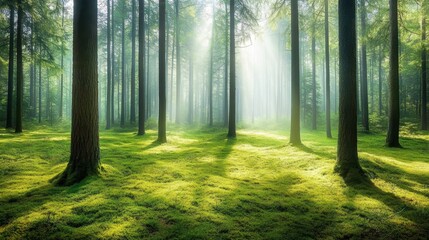 Obraz premium Sunlit forest path: The sun's rays filter through the towering trees, illuminating a vibrant moss-covered forest floor, a breathtaking vista of tranquility and natural beauty.