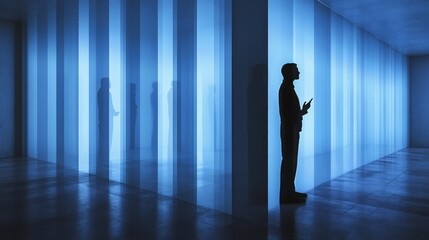 Obraz premium A silhouetted man stands illuminated within a light filled room