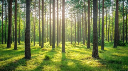 Obraz premium Sun-Kissed Forest Canopy: A sunlit forest, with tall trees and vibrant green grass. capturing the sense of serenity and wonder, offers a stunning vista.