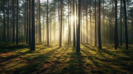 Obraz premium Sunlit Forest: The sun filters through a dense forest, illuminating tall trees and creating a magical atmosphere with long shadows and beams of light.