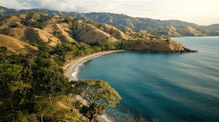 Coastal bay view, tropical island, with gentle waves, lush greenery, and hills