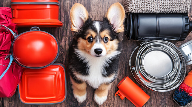 A playful dog surrounded by a variety of items in a cozy home setting preparing for the arrival of a new puppy and its essential supplies.