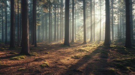 Obraz premium Sun-Dappled Forest: A serene forest scene with tall trees reaching towards the sunlight filtering through the canopy, casting enchanting shadows on the forest floor.