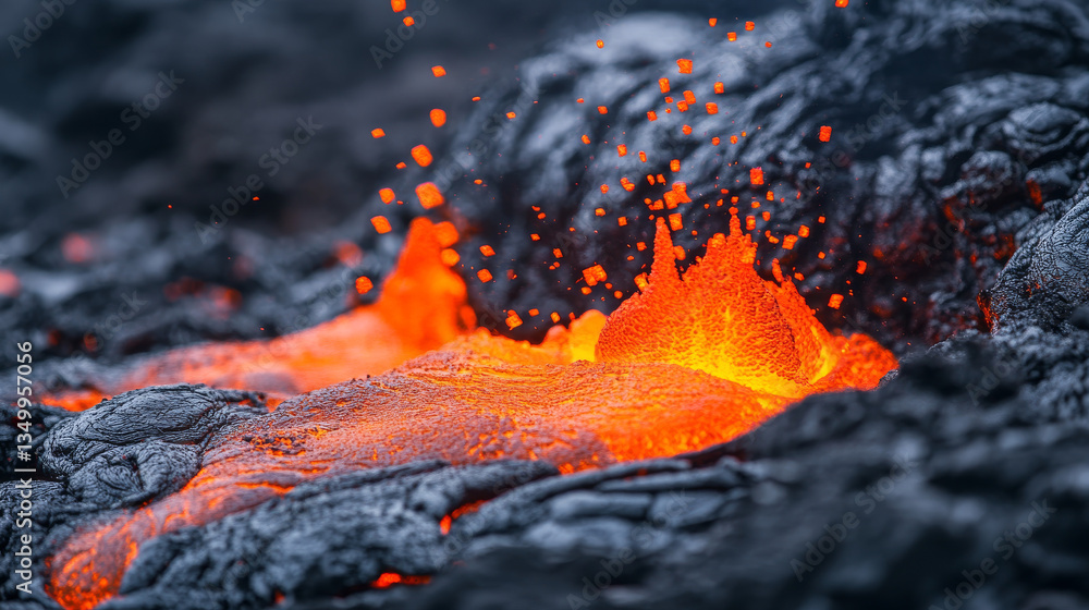 Poster hot liquid lava splash with flying red drops. abstract background of seething molten magma surface w