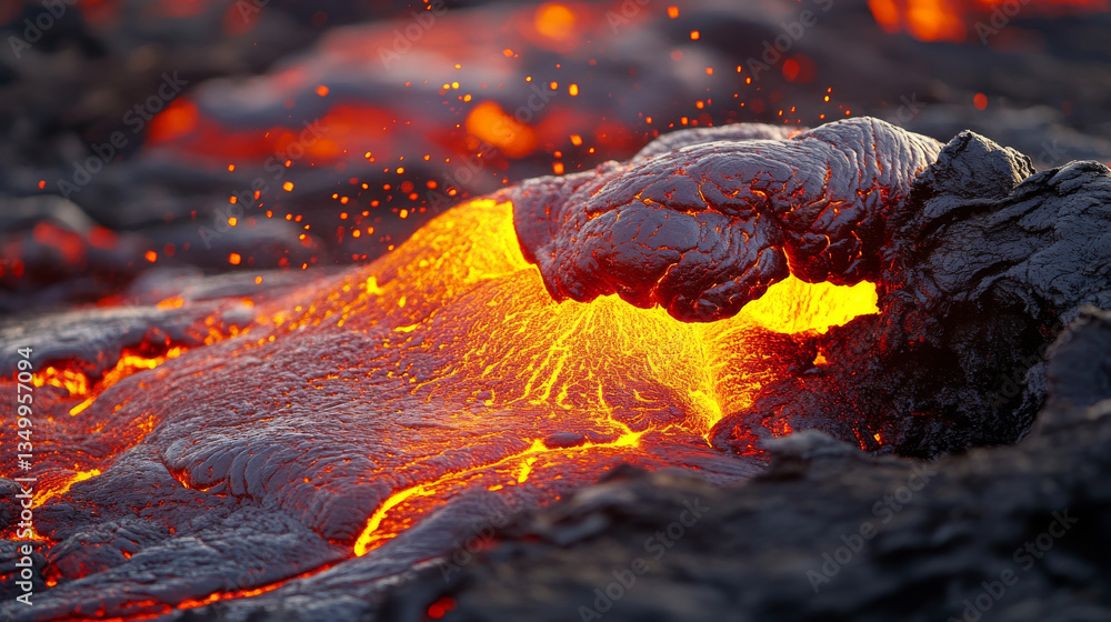 Poster hot liquid lava splash with flying red drops. abstract background of seething molten magma surface w