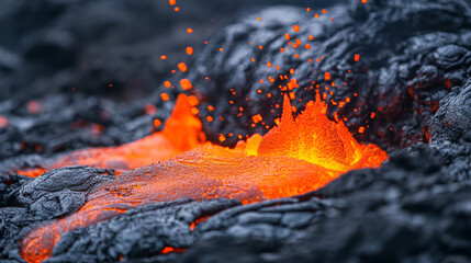 Hot liquid lava splash with flying red drops. Abstract background of seething molten magma surface with splatter. Orange fluid texture with rising bubbles, vector realistic illustration