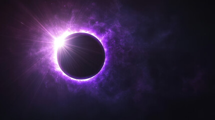 Obraz premium Solar eclipse circles showing moon covering sun on dark background. Glowing purple neon rings with bright luminous effects capture celestial phenomenon. Radiant circular shapes of astronomical event.