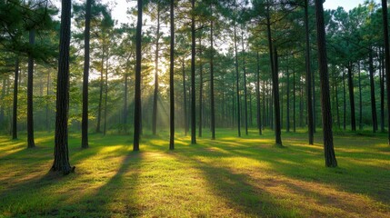 Naklejka premium Sun-Kissed Forest Canopy: Sunlight streams through a dense forest, illuminating the tall, majestic trees and creating a breathtaking landscape of light and shadow.