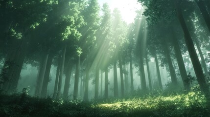 Obraz premium Sunlit Forest Canopy: The sun's rays piercing through a dense canopy, illuminating a serene forest and creating a mesmerizing display of light and shadow.