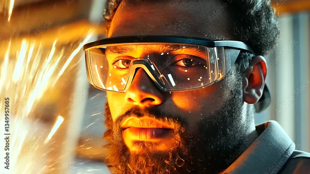 Poster a factory worker skillfully grinds metal, creating a shower of sparks in a dimly lit workshop.