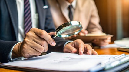 Business professionals examining documents with a magnifying glass  