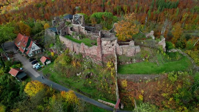 Aerial view ruins of old castle. Ruin of Hohnstein Castle, Harz mountains, Germany.