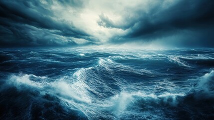 Fototapeta premium Raging Ocean Storm: A dramatic and intense seascape captures a churning ocean under a turbulent, stormy sky. The powerful waves and dark clouds create a sense of raw natural force.